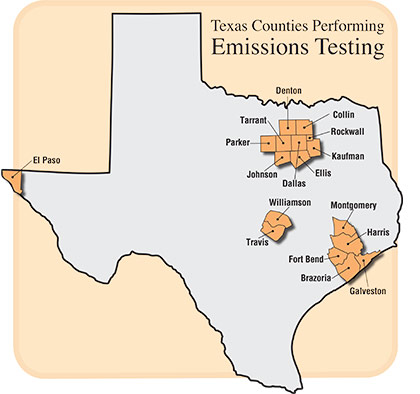 Map of Texas Counties Performing Emissions Testing